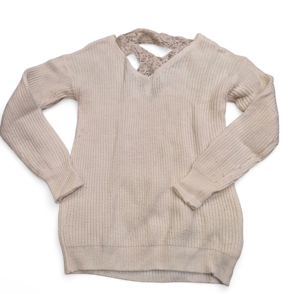 Poof! Women's White V-Neck Sweater with Lace Accent Size Small